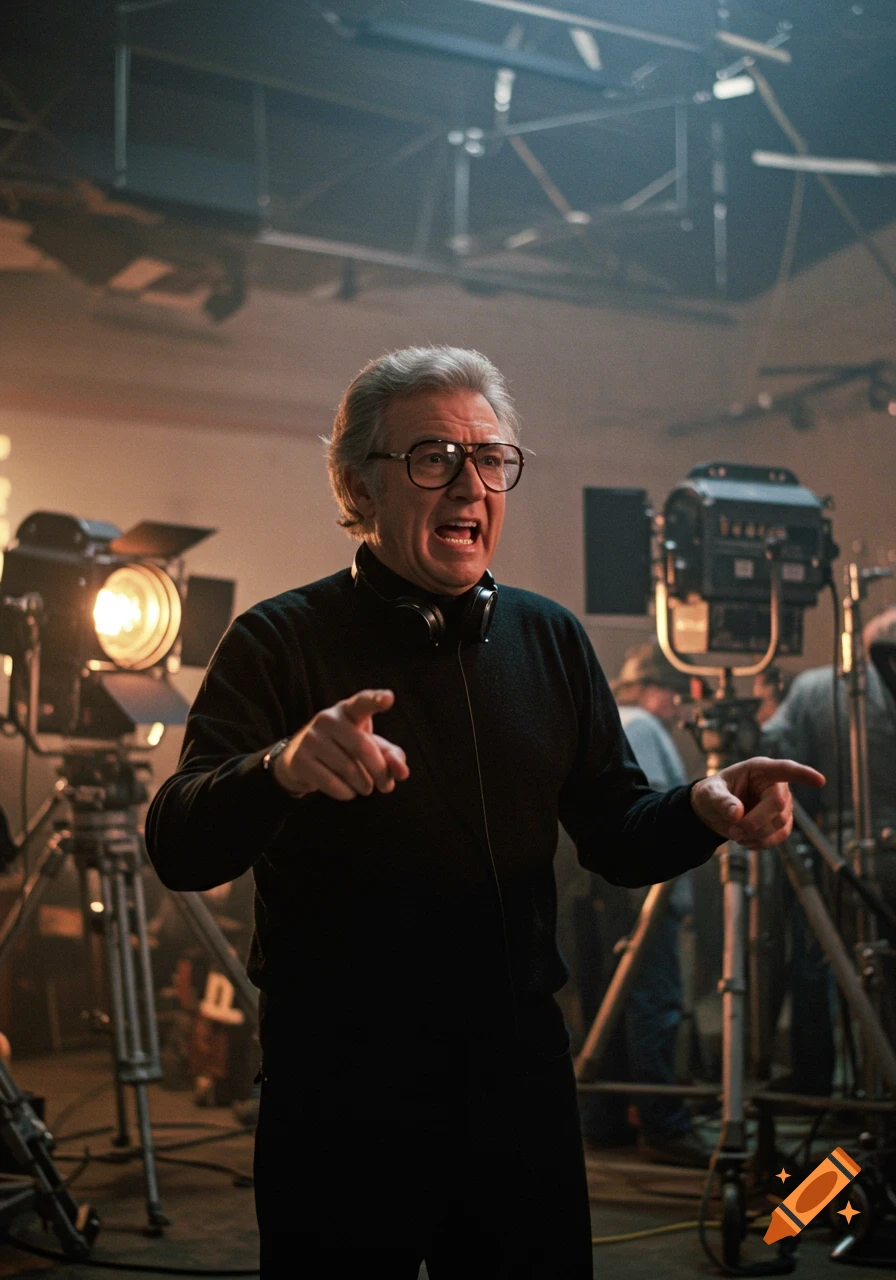 A demanding director with gray hair and glasses yells and points on a bustling film set, surrounded by lights and equipment.