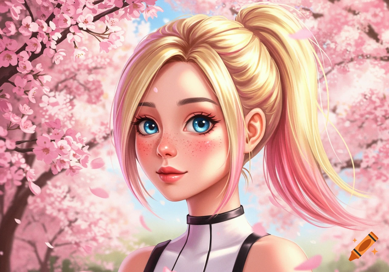 Anime girl with blonde and pink hair, blue eyes, and freckles smiles amidst pink cherry blossoms.
