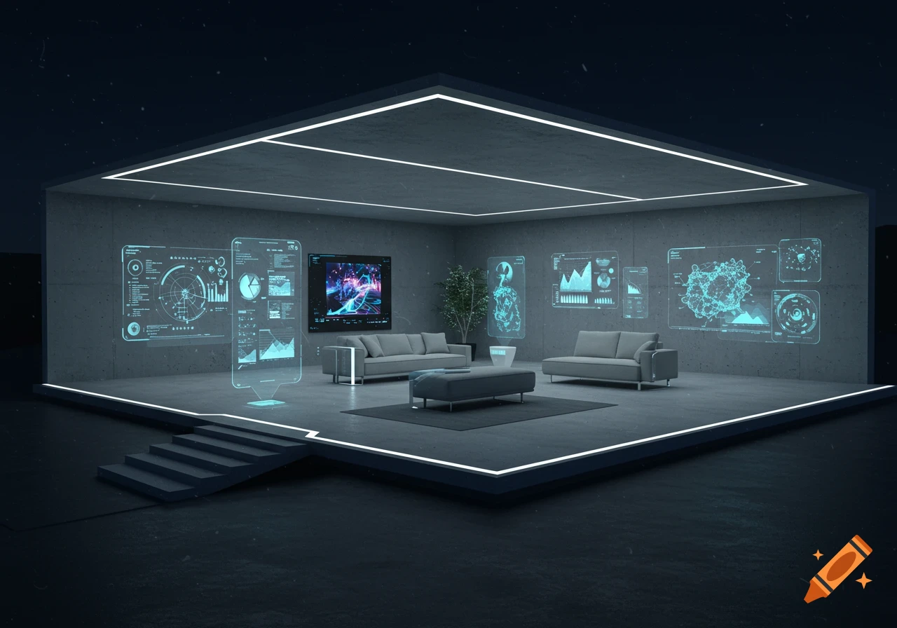 A futuristic room with concrete walls, LED lighting, grey furniture, and glowing blue holographic displays showing data.