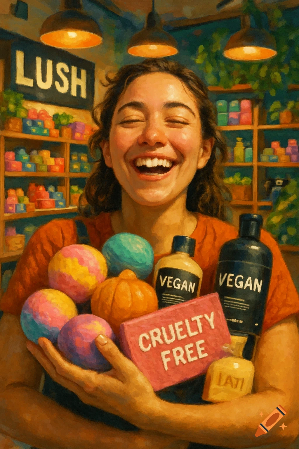 A happy woman in a store, smiling with eyes closed, holding bath bombs and bottles labeled 'Vegan' and 'Cruelty Free'.