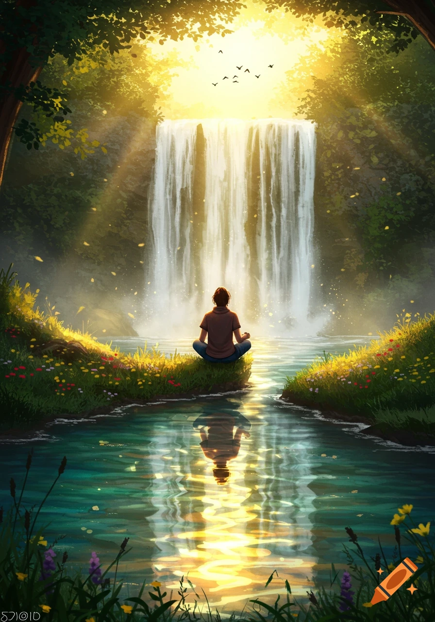 A person meditates by a sunlit waterfall in a lush forest, reflected in a serene stream, digital art.