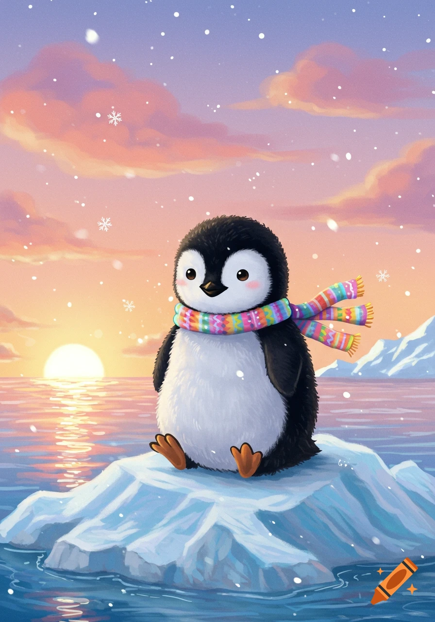 A cute cartoon penguin wearing a colorful striped scarf sits on an ice floe in icy water with a vibrant sunset and falling snow.