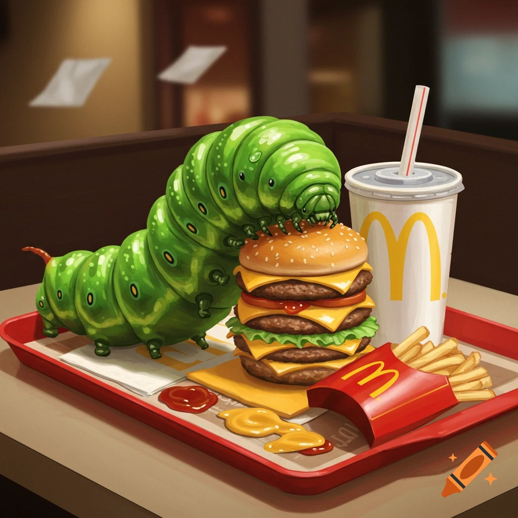 A large green caterpillar on a red tray, eating a triple-decker McDonald's burger next to fries and a soda cup, illustration.