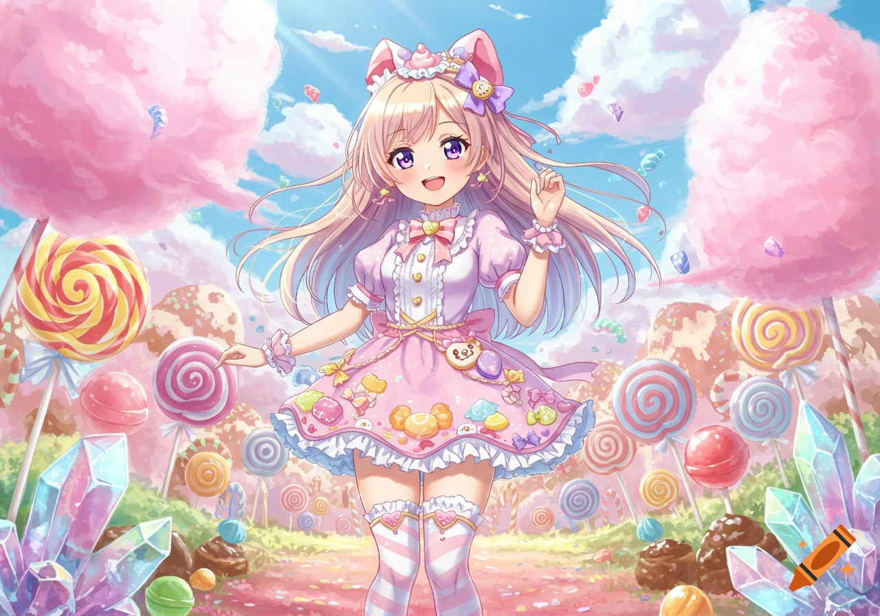 A cute anime girl with blonde hair in a pink frilly dress holds a lollipop in a vibrant candy land with giant lollipops and cotton candy.