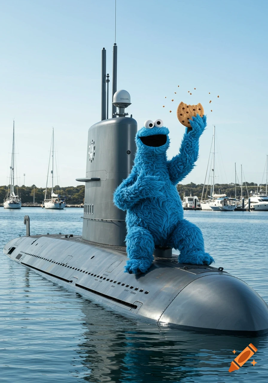 Cookie Monster stands on a dark grey submarine in a sunny harbor, holding a chocolate chip cookie with crumbs falling.