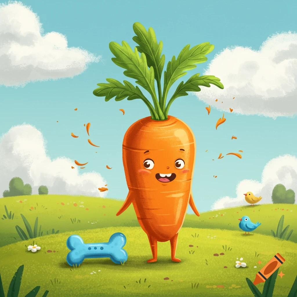 A cheerful cartoon carrot character stands in a green field with a blue dog bone and two small birds under a blue sky.