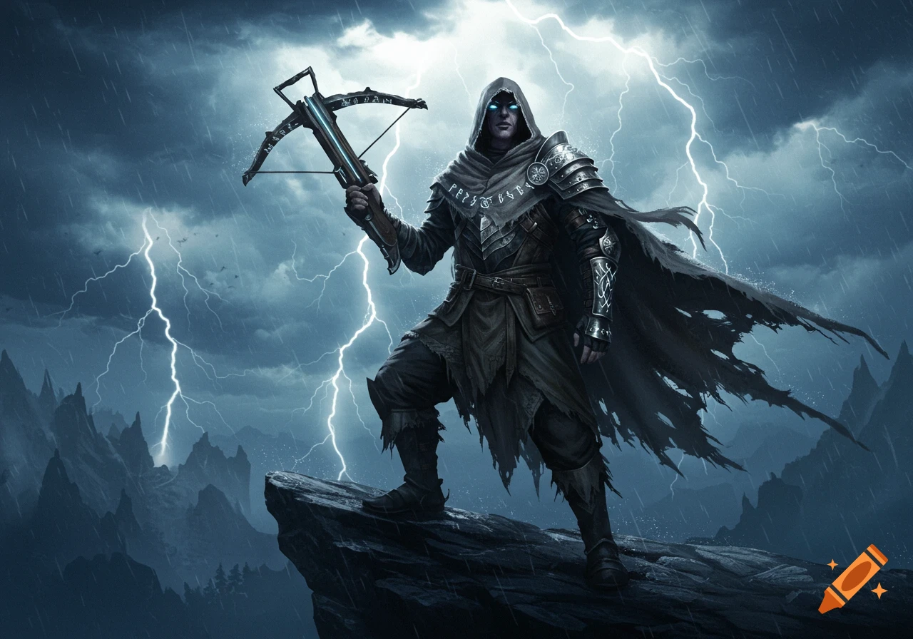 A hooded monster hunter in dark armor stands on a cliff, holding a crossbow, with lightning striking in a stormy sky above mountains.