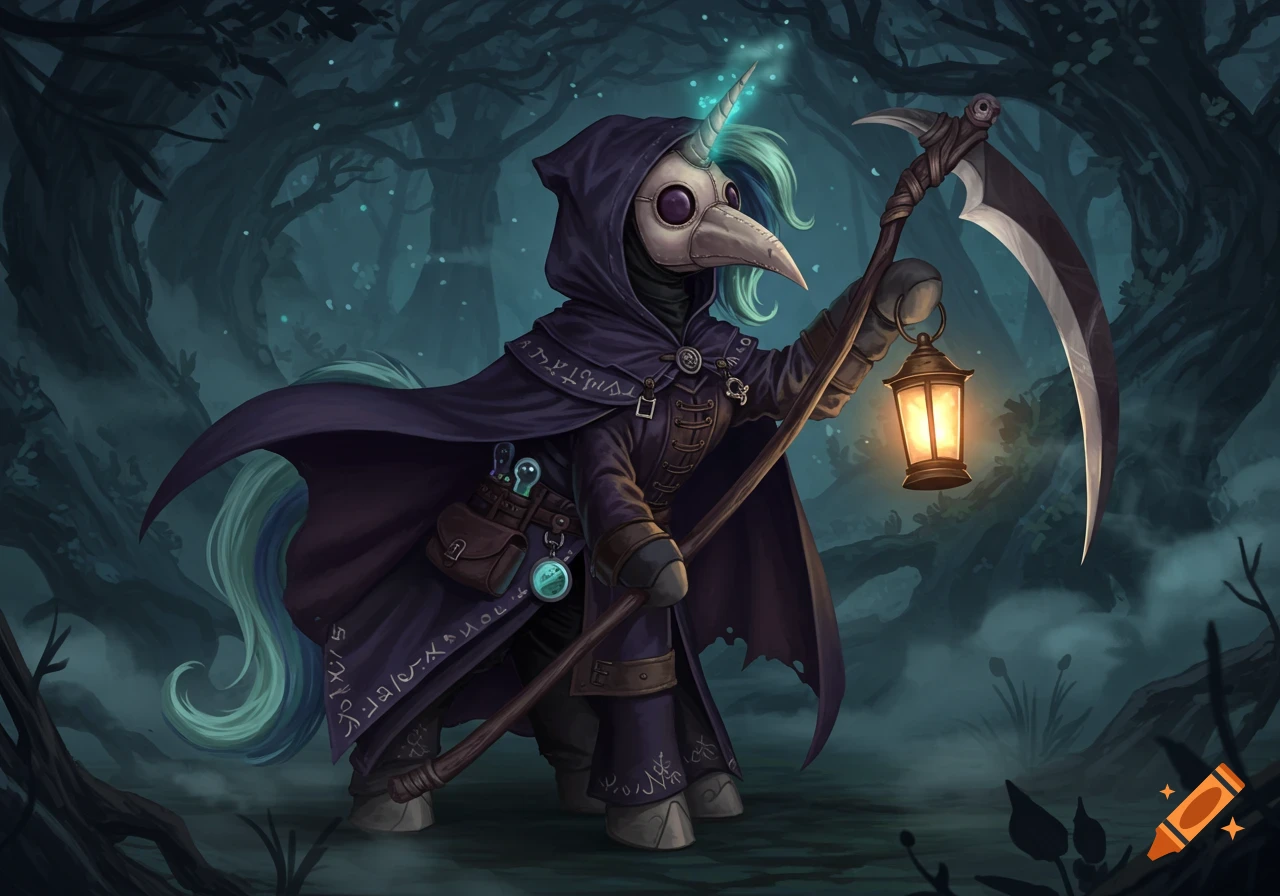 A cartoon anthropomorphic unicorn pony in a plague doctor mask and dark hooded cloak holds a scythe and a glowing lantern in a spooky forest.
