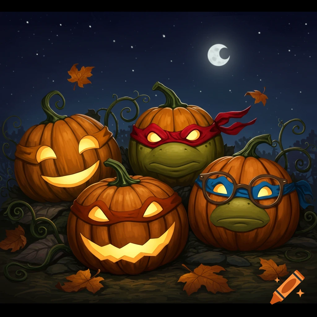 Four cartoon Halloween pumpkins, two carved as jack-o'-lanterns and two resembling Teenage Mutant Ninja Turtles, under a starry night sky.