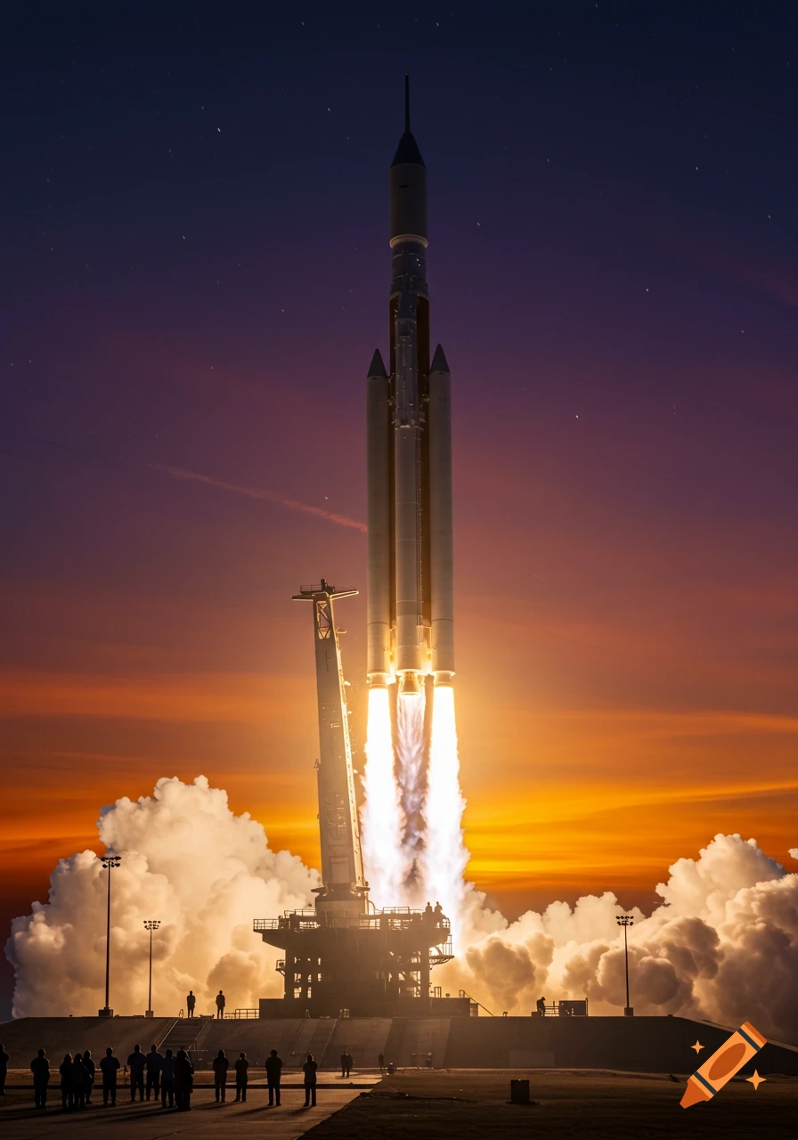 Photorealistic multi-stage rocket launching at sunset with fiery exhaust and smoke, observed by a crowd.