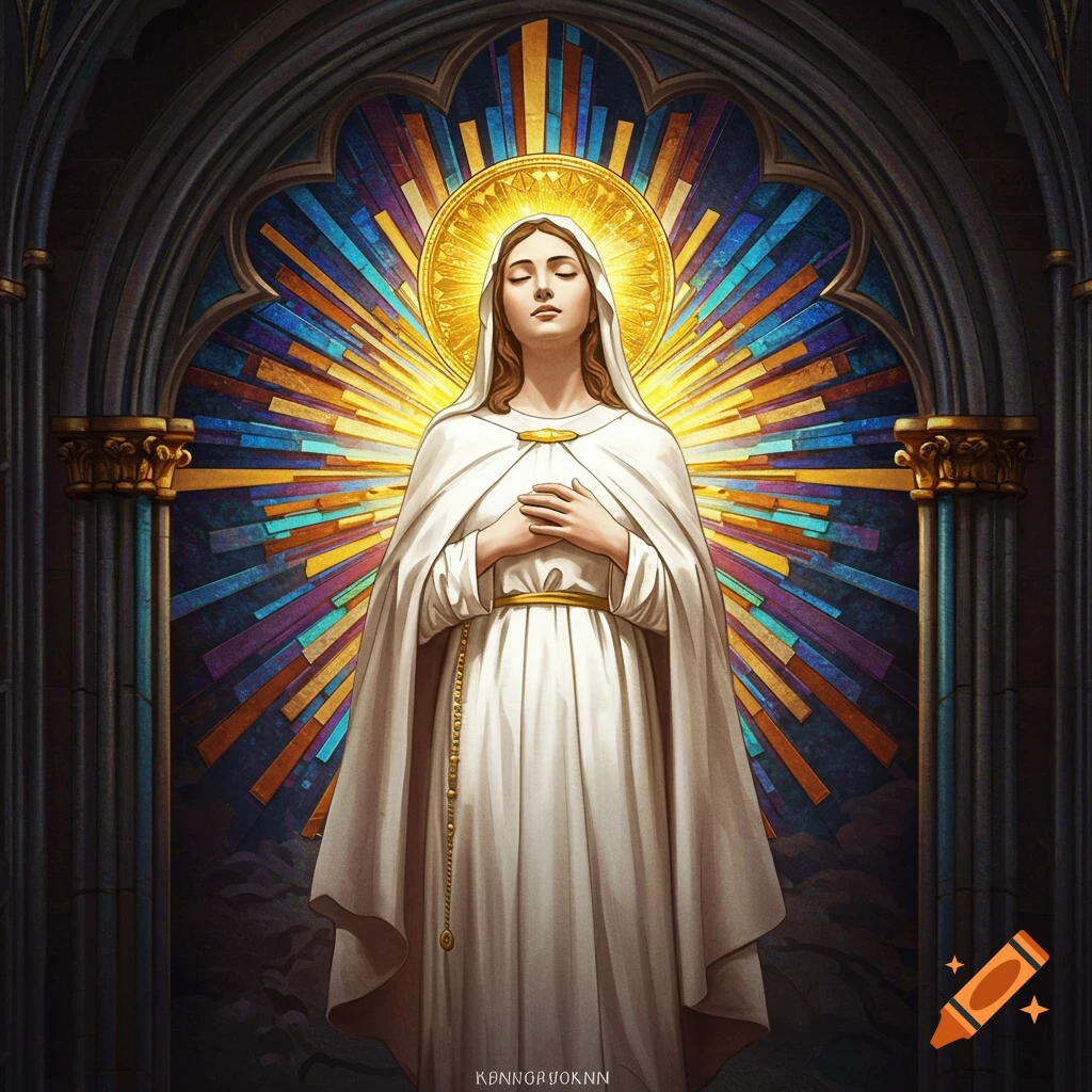 A saintly woman in a white cloak stands with hands clasped, illuminated by a halo and a vibrant stained glass window behind her, in a religious art style.