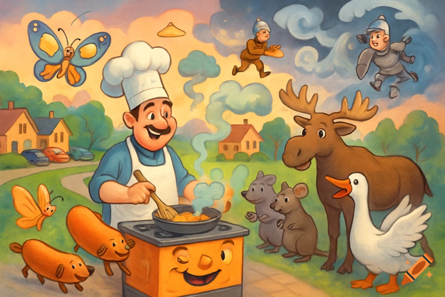 Whimsical cartoon illustration of a happy chef cooking, surrounded by walking hotdogs, flying butterflies, mice, a moose, a goose, and flying figures in a village setting.
