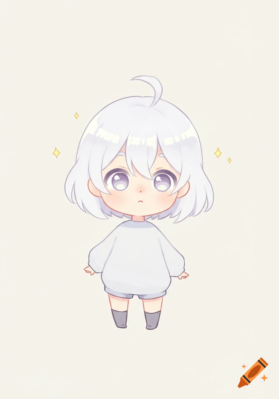 Minimalist chibi character with short white hair, large purple eyes, wearing an oversized white top and grey shorts, on a light background.