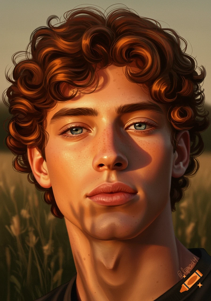 Close-up digital art portrait of a young man with curly auburn hair and blue eyes, illuminated by golden hour sunlight in a field.