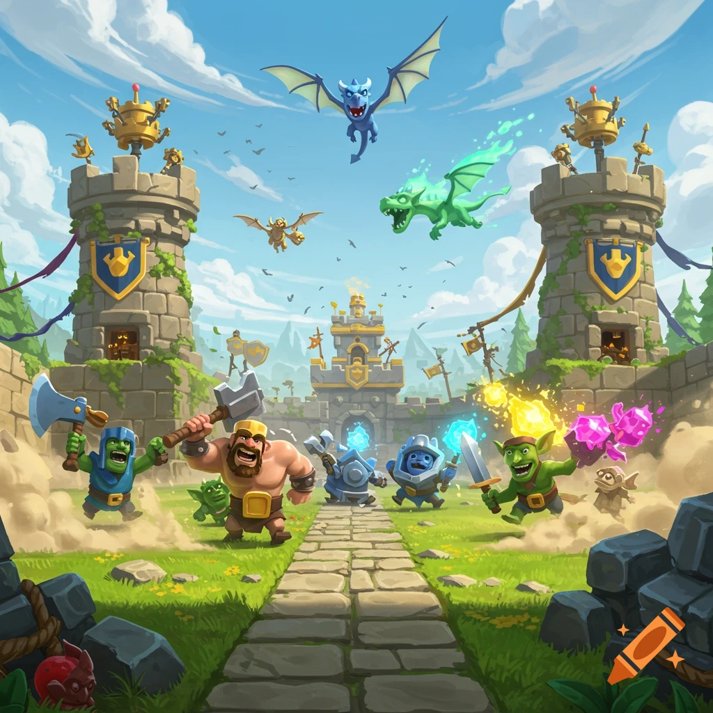 Cartoon fantasy battle scene with barbarians, goblins, knights, and dragons charging towards stone castles under a blue sky.