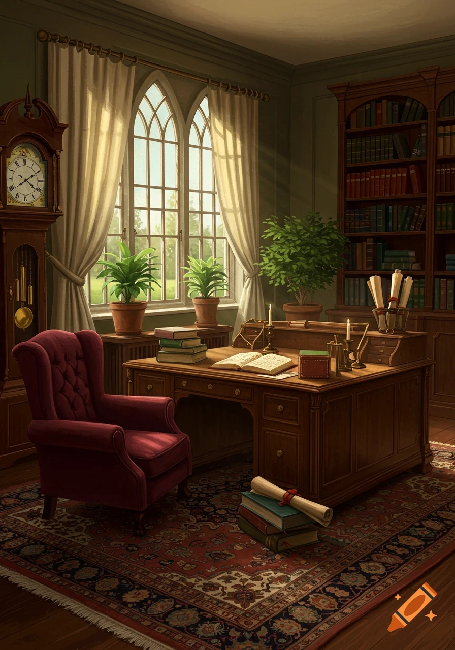 A warm, traditional study room with a large wooden desk, a red armchair, a grandfather clock, arched windows, and a wall of bookshelves.