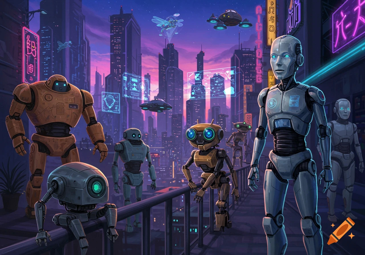 Different varieties of robots standing on a bridge in a futuristic cyberpunk city with neon signs glowing at sunset.