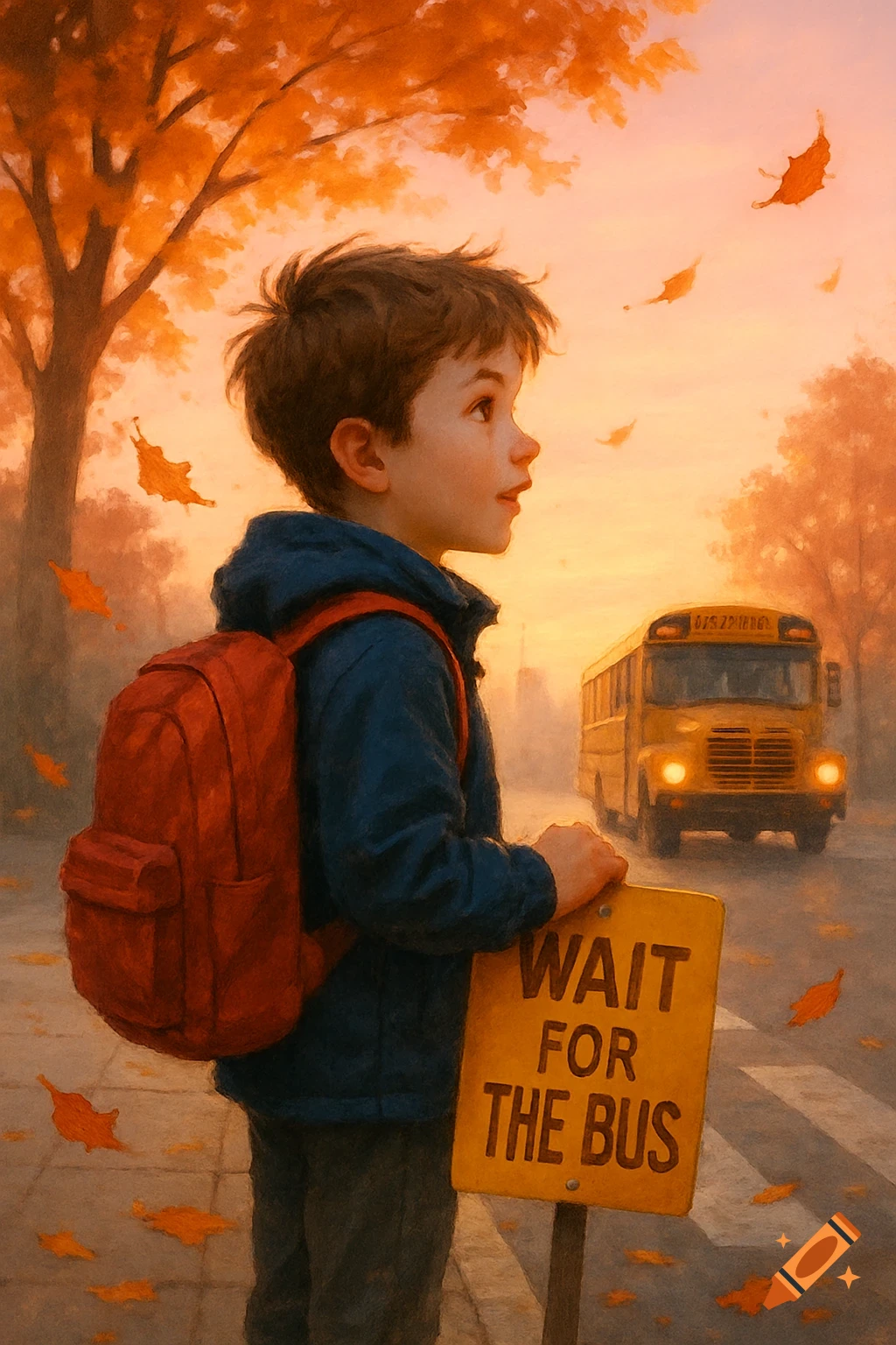 A young boy with a red backpack holds a 'WAIT FOR THE BUS' sign, looking towards a yellow school bus in an autumn painterly scene.