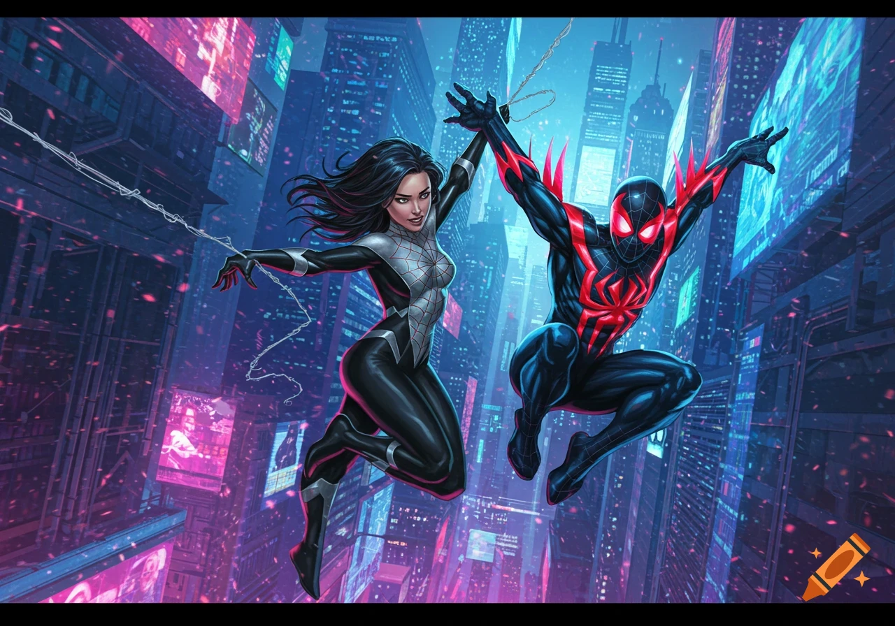 Spider-Man 2099 and Silk leap dynamically through a neon-lit futuristic city, rendered in a vibrant comic book art style.