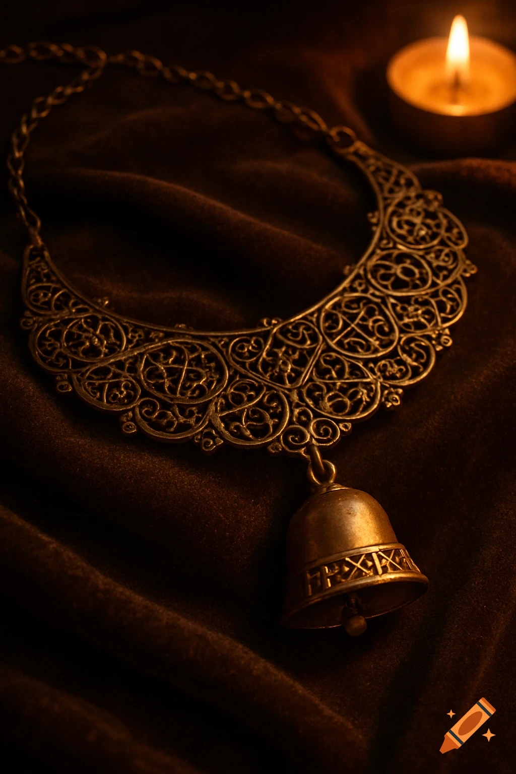 An intricately designed bronze necklace with a bell pendant lies on dark velvet, illuminated by a candle flame.