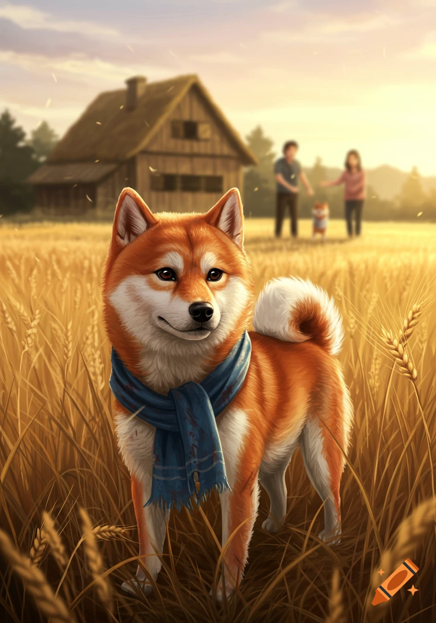 A Shiba Inu with a blue scarf stands in a golden wheat field, with a house and blurred people in the background.