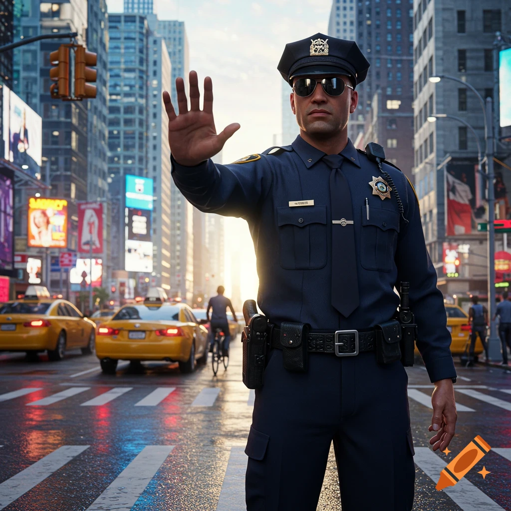 A photorealistic image of a male police officer in sunglasses, holding up a hand to stop traffic on a busy city street with yellow taxis and tall buildings.