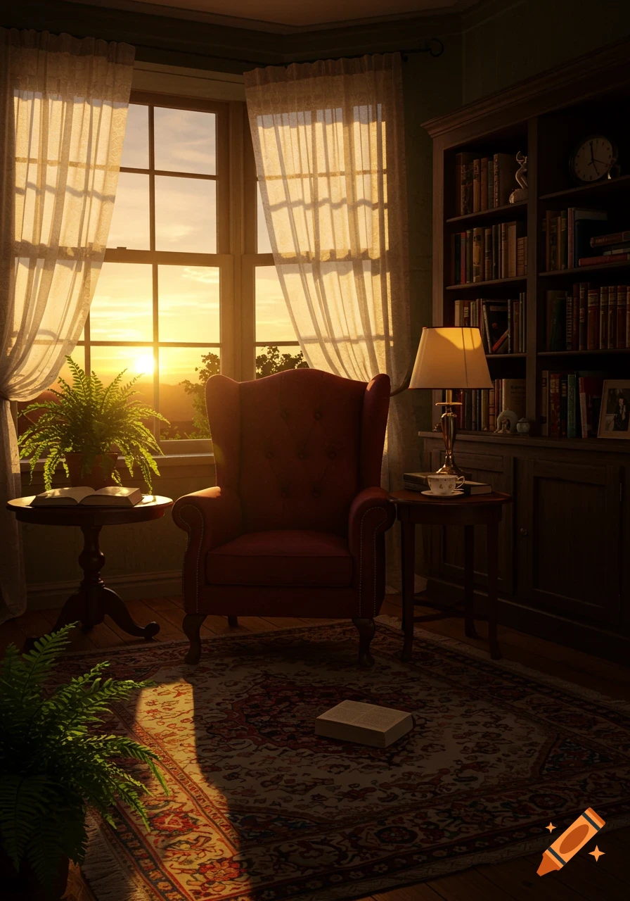 A cozy reading room at sunset, featuring a red armchair, a bookshelf filled with books, and a window with sheer curtains overlooking a vibrant orange sky.