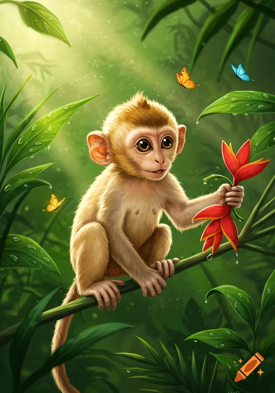 A cute, big-eyed baby monkey sits on a branch, holding a red tropical flower, surrounded by lush green jungle foliage and butterflies.