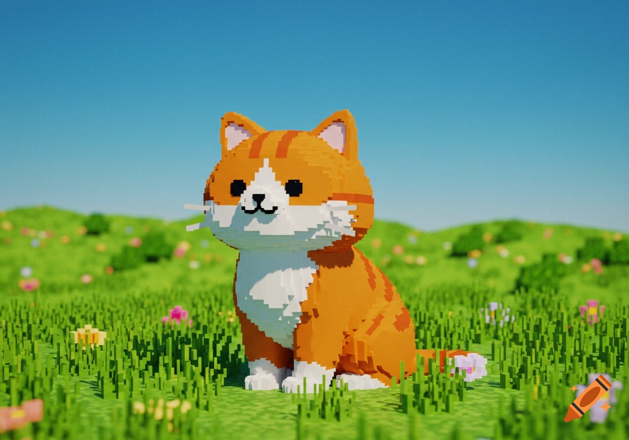 A voxel art orange and white cat sits in a green field under a clear blue sky.