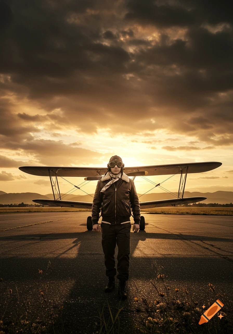 A pilot in vintage gear stands before a biplane on an airfield at sunset, with dramatic clouds in the sky.