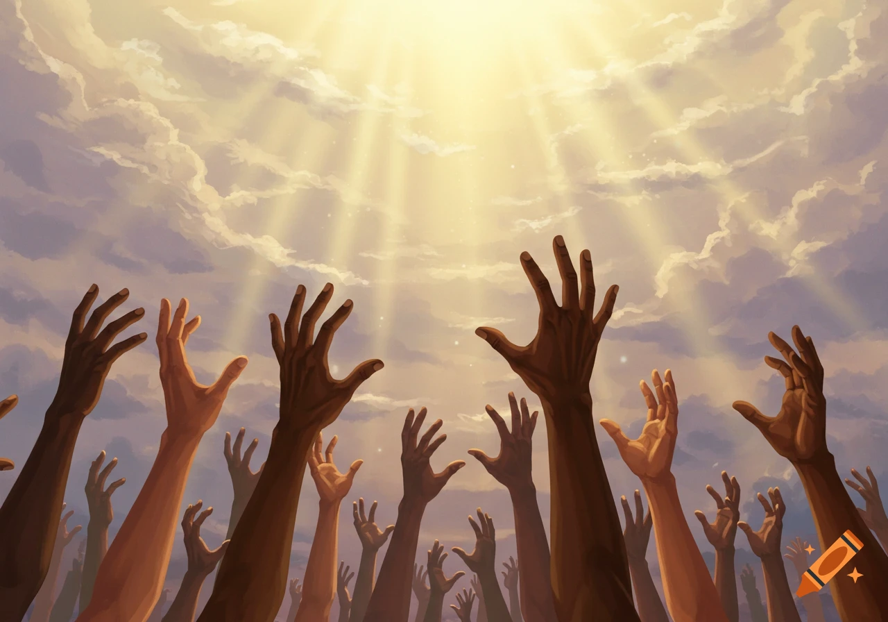 A digital painting of numerous hands reaching upwards towards bright rays of light shining through clouds in the sky.