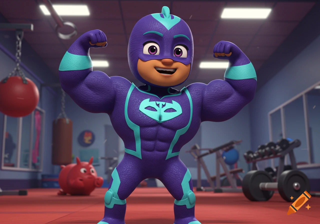 A purple and teal cartoon superhero character flexes their muscles in a gym.