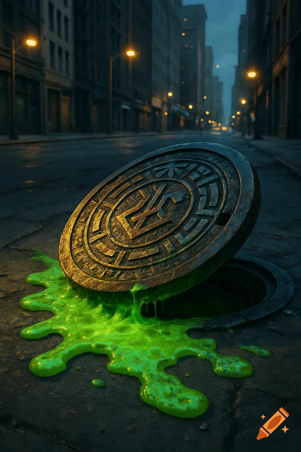 A manhole cover on a dark city street is slightly ajar, with vibrant green slime oozing out onto the asphalt. The manhole has a stylized logo.