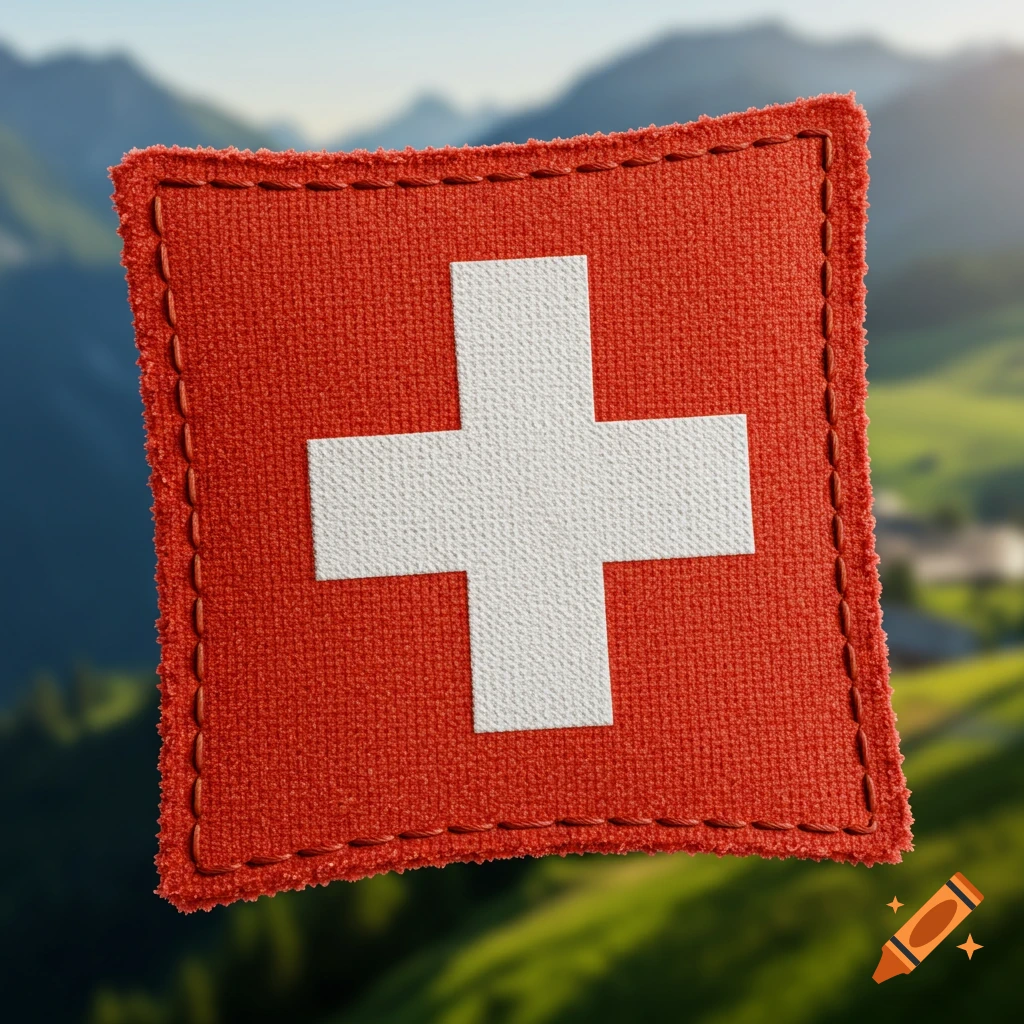 A red fabric patch featuring a white cross, the Swiss flag, against a blurred mountain landscape.