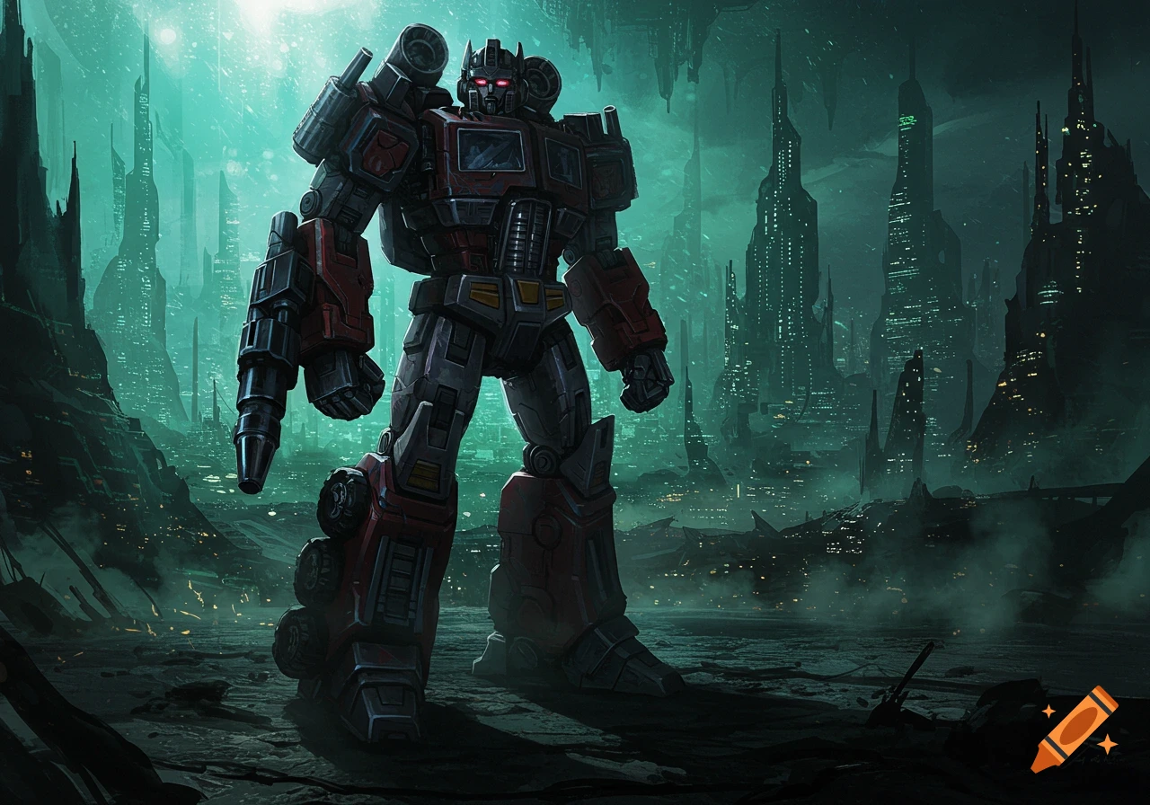 A powerful red and grey robot stands on a desolate, futuristic city street with towering, lit buildings under a glowing sky, digital art.