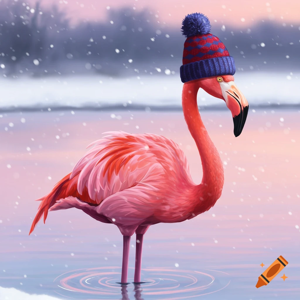 A cartoonish pink flamingo wearing a red and blue knitted winter hat stands in snowy shallow water at dusk.