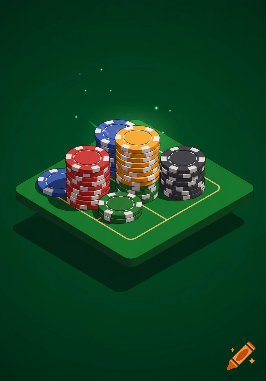 Stacked poker chips in various colors on a green isometric casino table in a vector graphic style.