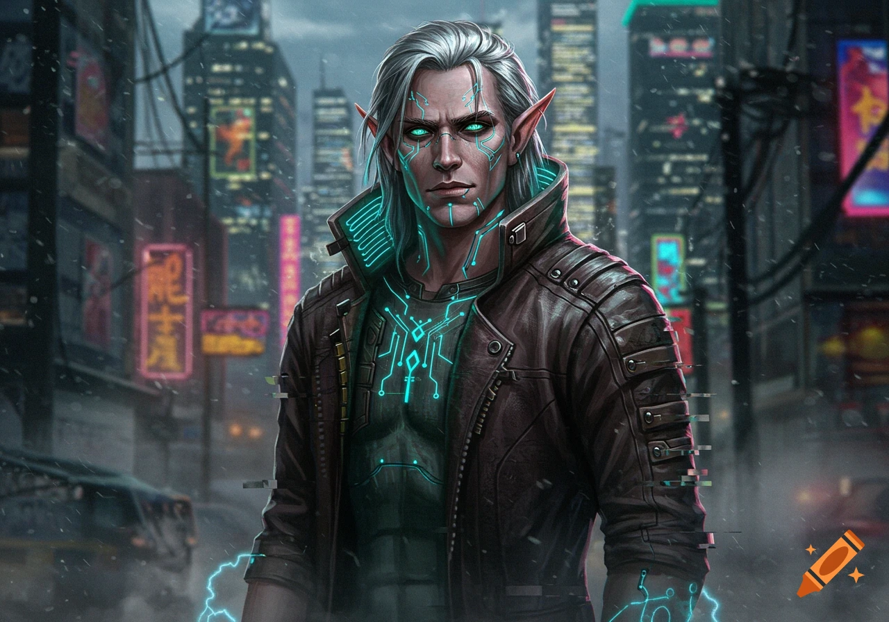A white-haired male elf with glowing cybernetic markings, wearing a leather jacket in a rainy, neon-lit cyberpunk city.