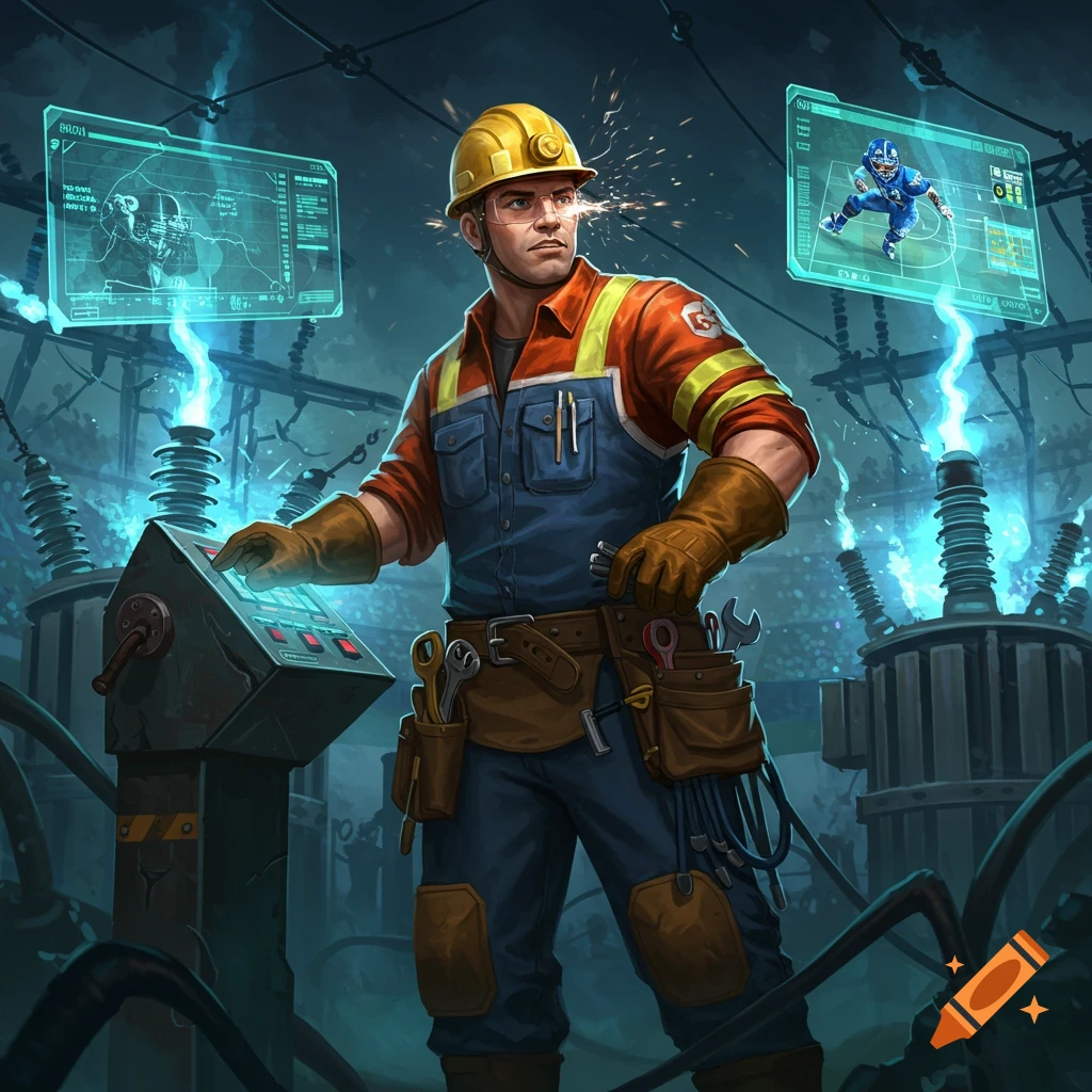 A stylized illustration of an electrician in safety gear operating a control panel amidst glowing machinery and holographic screens in a dark, futuristic power station.