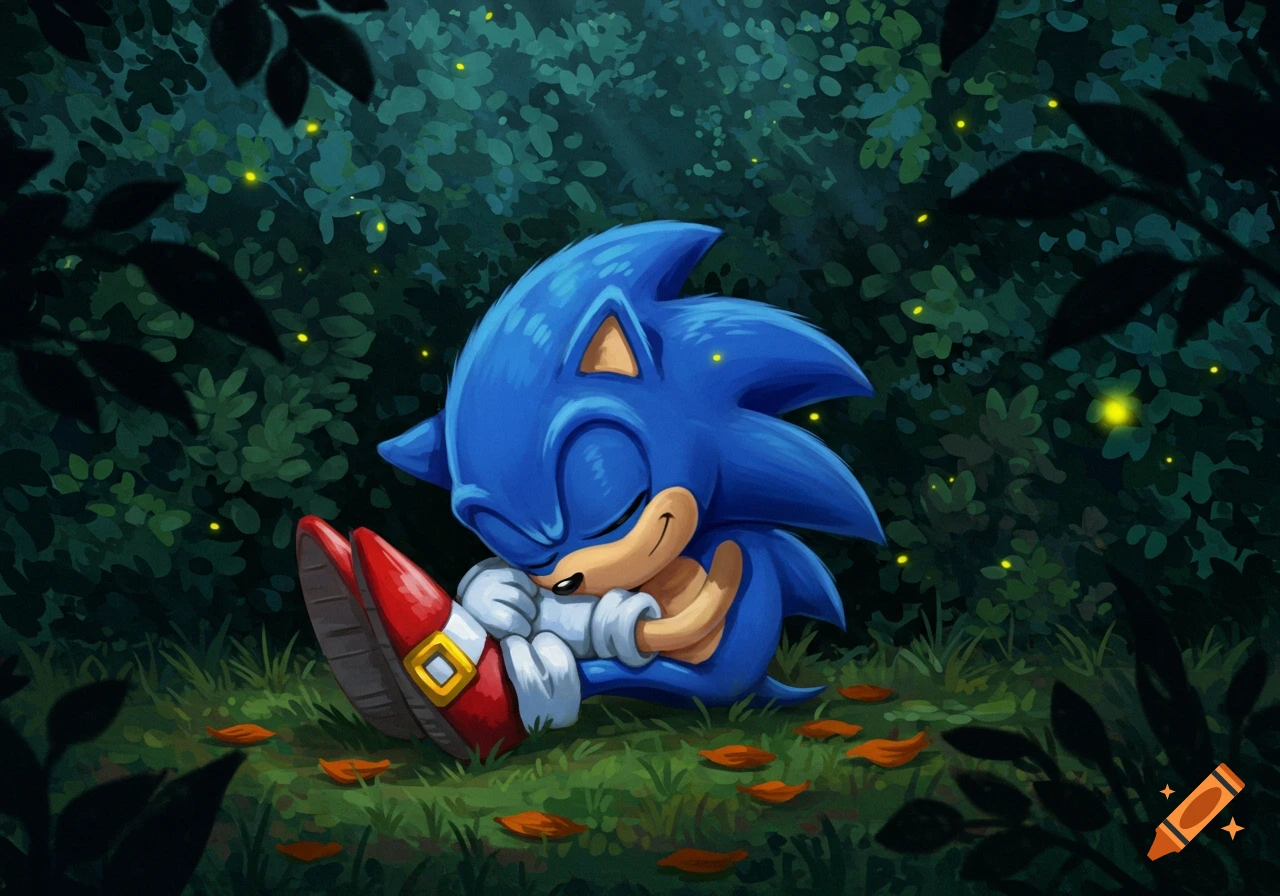 Classic Sonic the Hedgehog sleeps peacefully on the grass in a dark, leafy forest at night, surrounded by glowing fireflies.