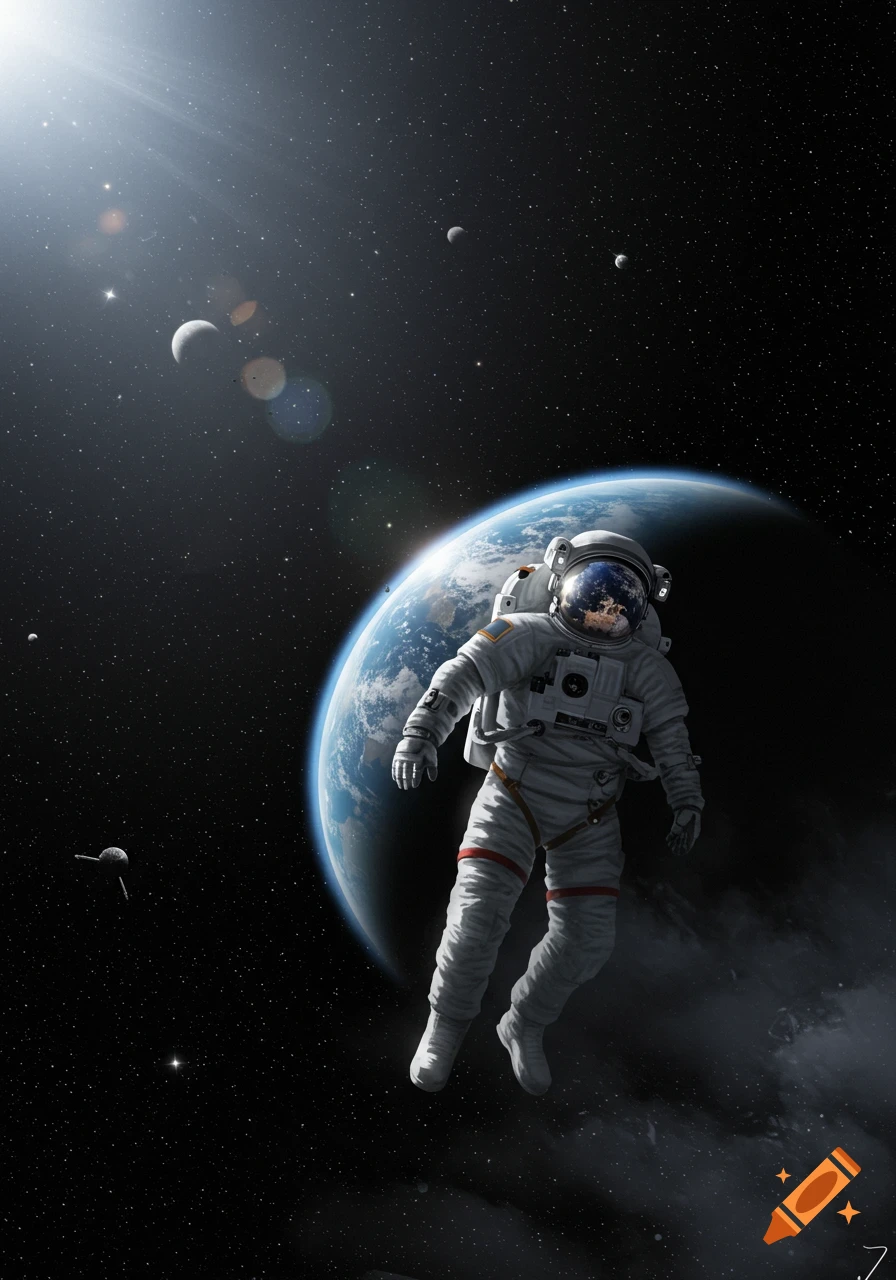 Photorealistic image of an astronaut in a white suit floating in dark space, with Earth and moons in the background and bright sunlight.