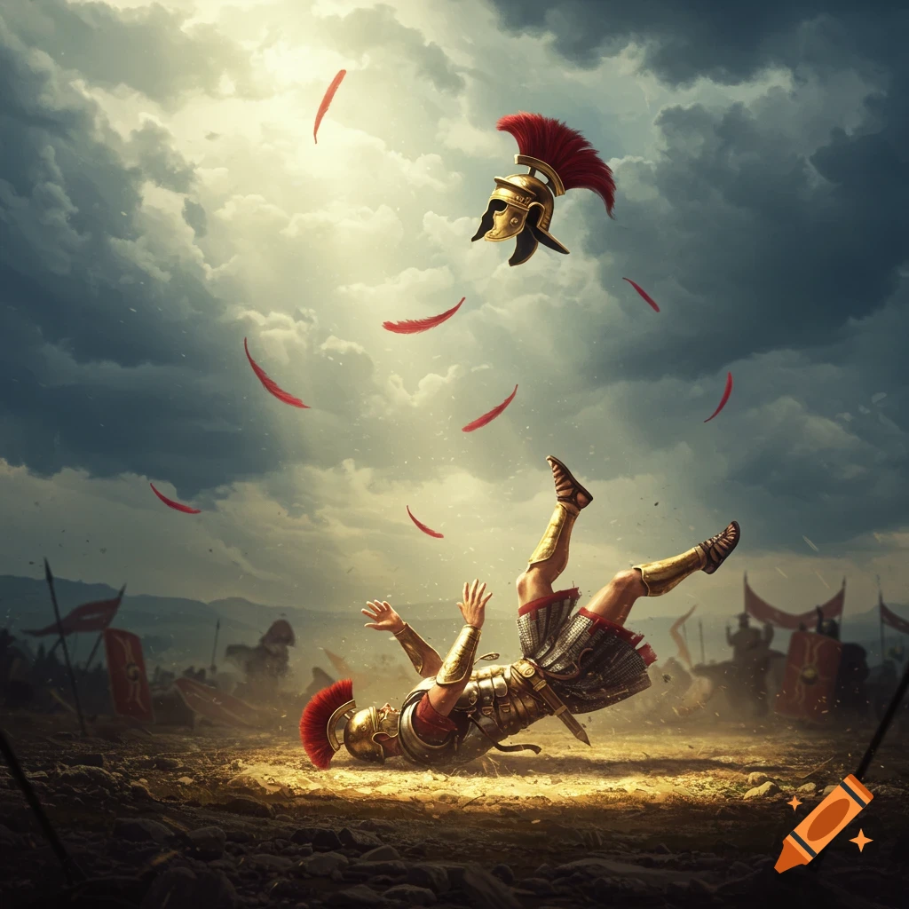 A Roman soldier in golden armor falls on a battlefield as his helmet and red feathers fly, lit by a sunbeam through stormy clouds.