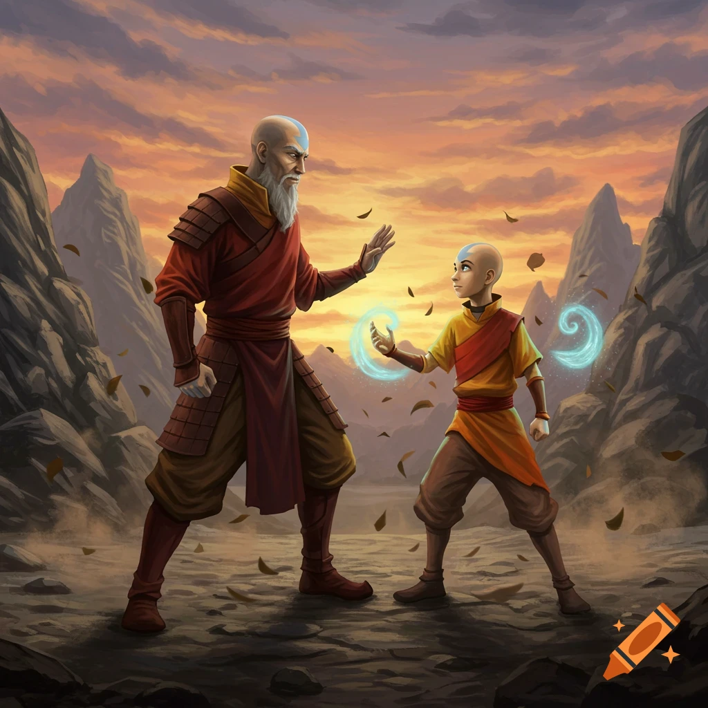 An older, bearded airbender and a young Aang face off, both conjuring blue air currents, against a sunset mountain backdrop.