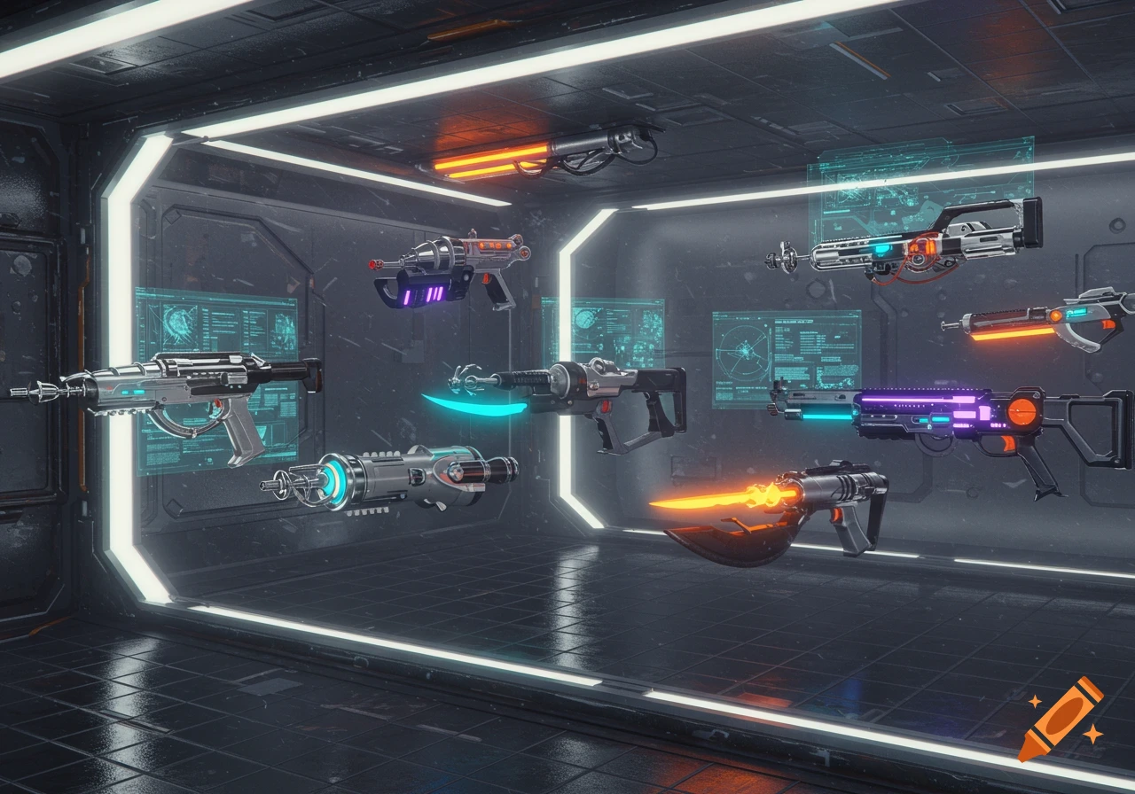 A collection of colorful futuristic sci-fi weapons on display in a dark, high-tech room.