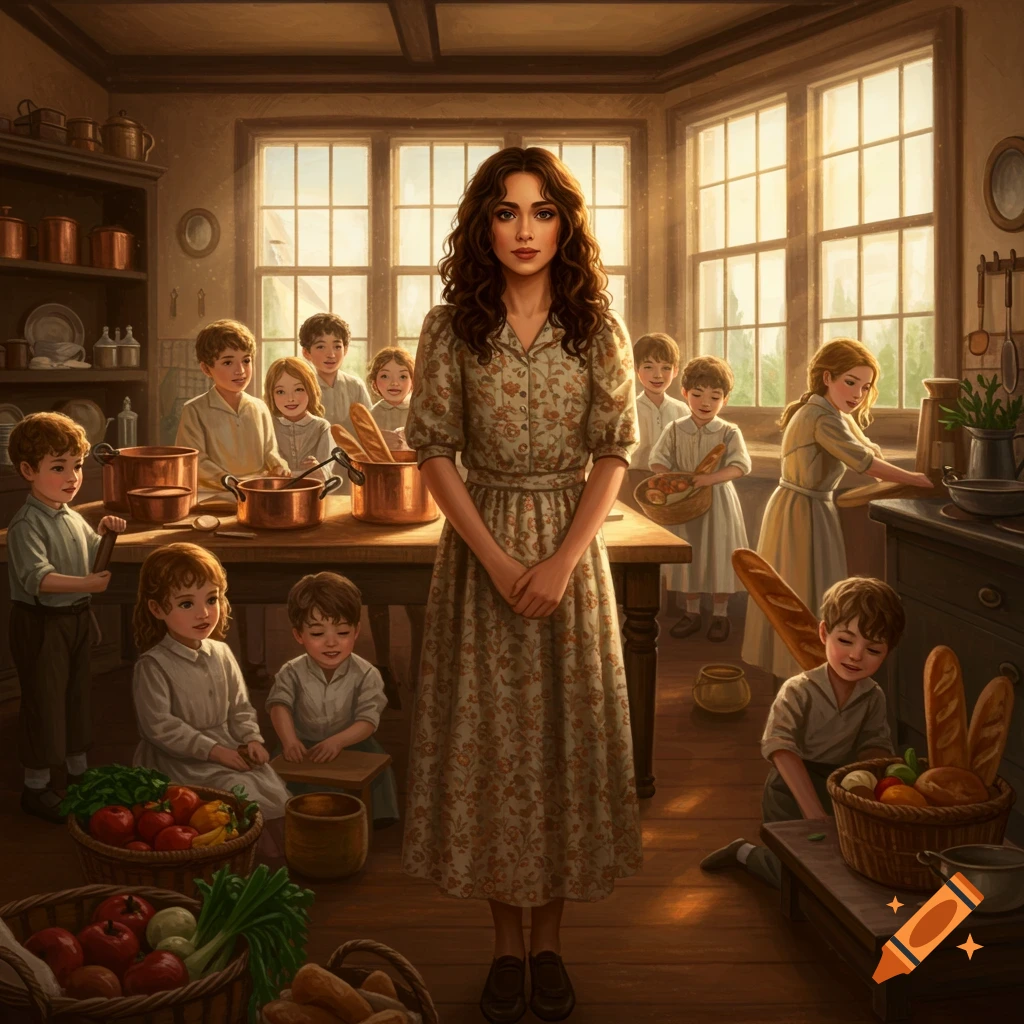 A brunette woman stands in a rustic kitchen surrounded by many children cooking and preparing food, in a detailed, warm-lit style.