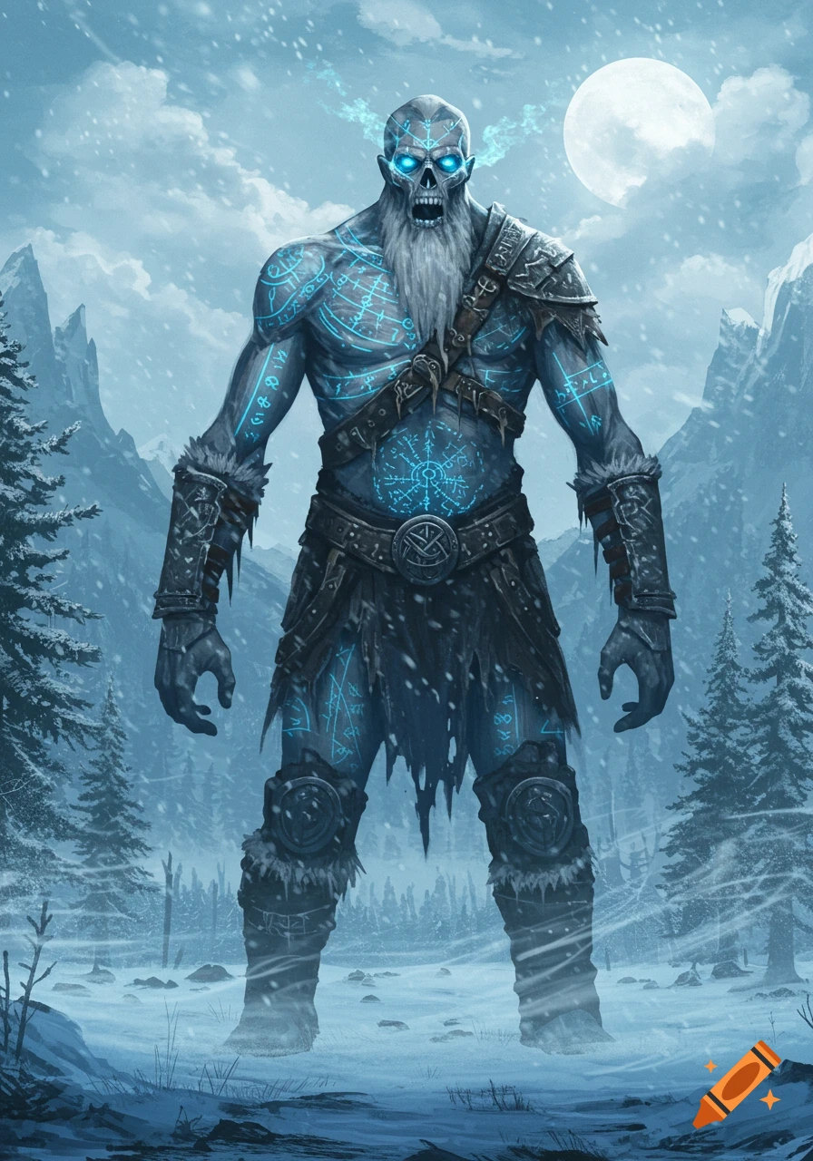 An imposing undead Nordic giant with glowing blue runes and eyes stands in a snowy mountain landscape under a full moon, digital art.