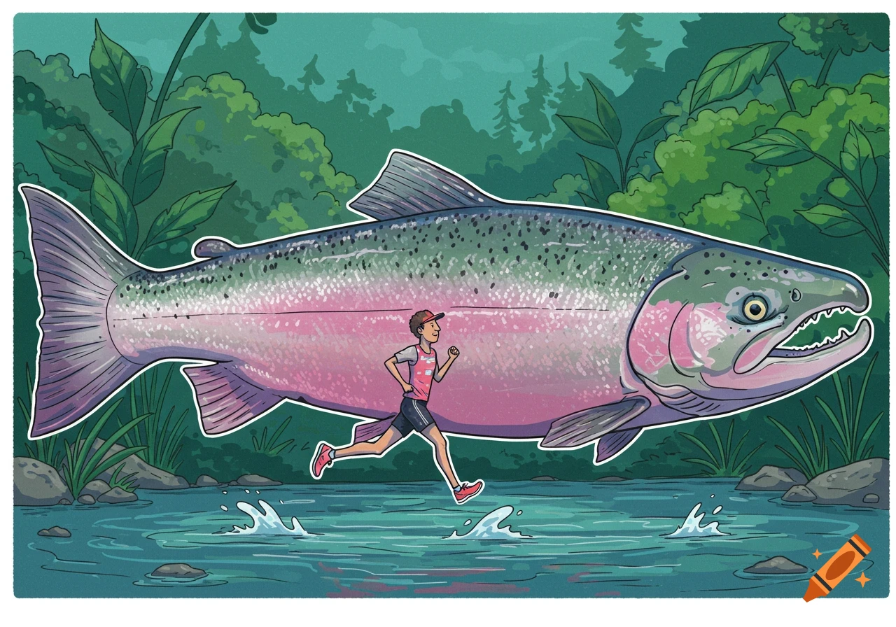 Cartoon illustration of a runner jogging through water, positioned within a massive, colorful salmon in a forest river.