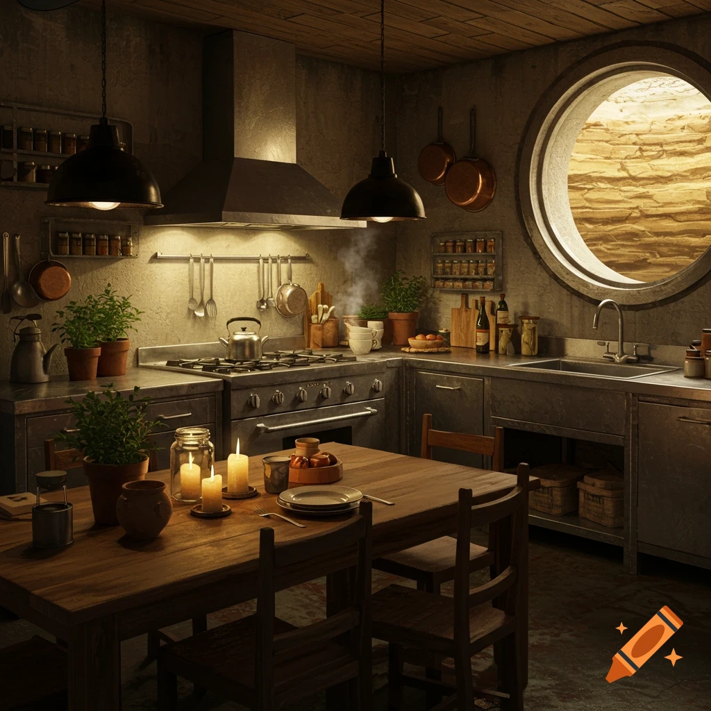 A rustic, dimly lit kitchen with a wooden dining table, lit candles, metal counters, a stove, and a large circular window.