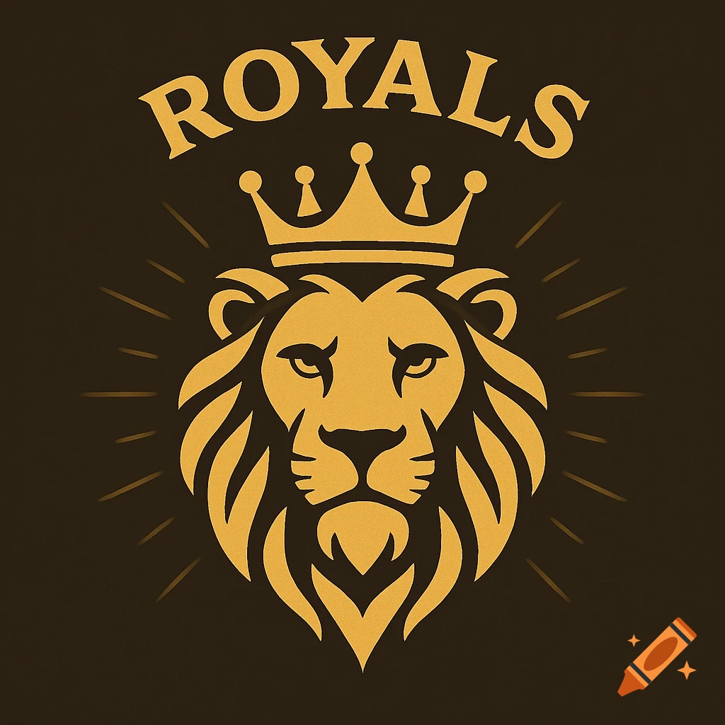 Gold stylized lion's head with a crown, radiating light, and the word 'ROYALS' arched above it on a dark background.