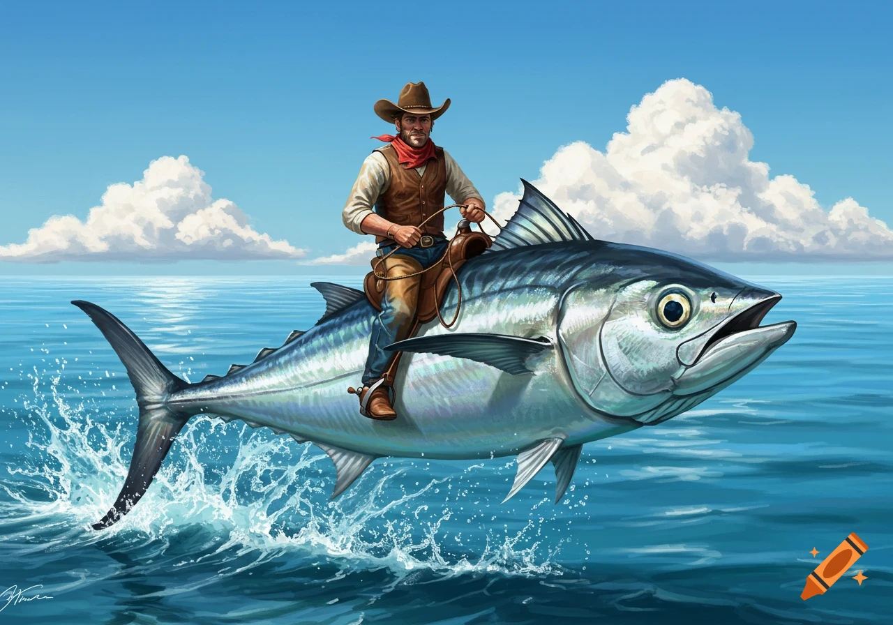 A cowboy in a hat and vest rides a large fish through the blue ocean, kicking up splashes under a bright sky.